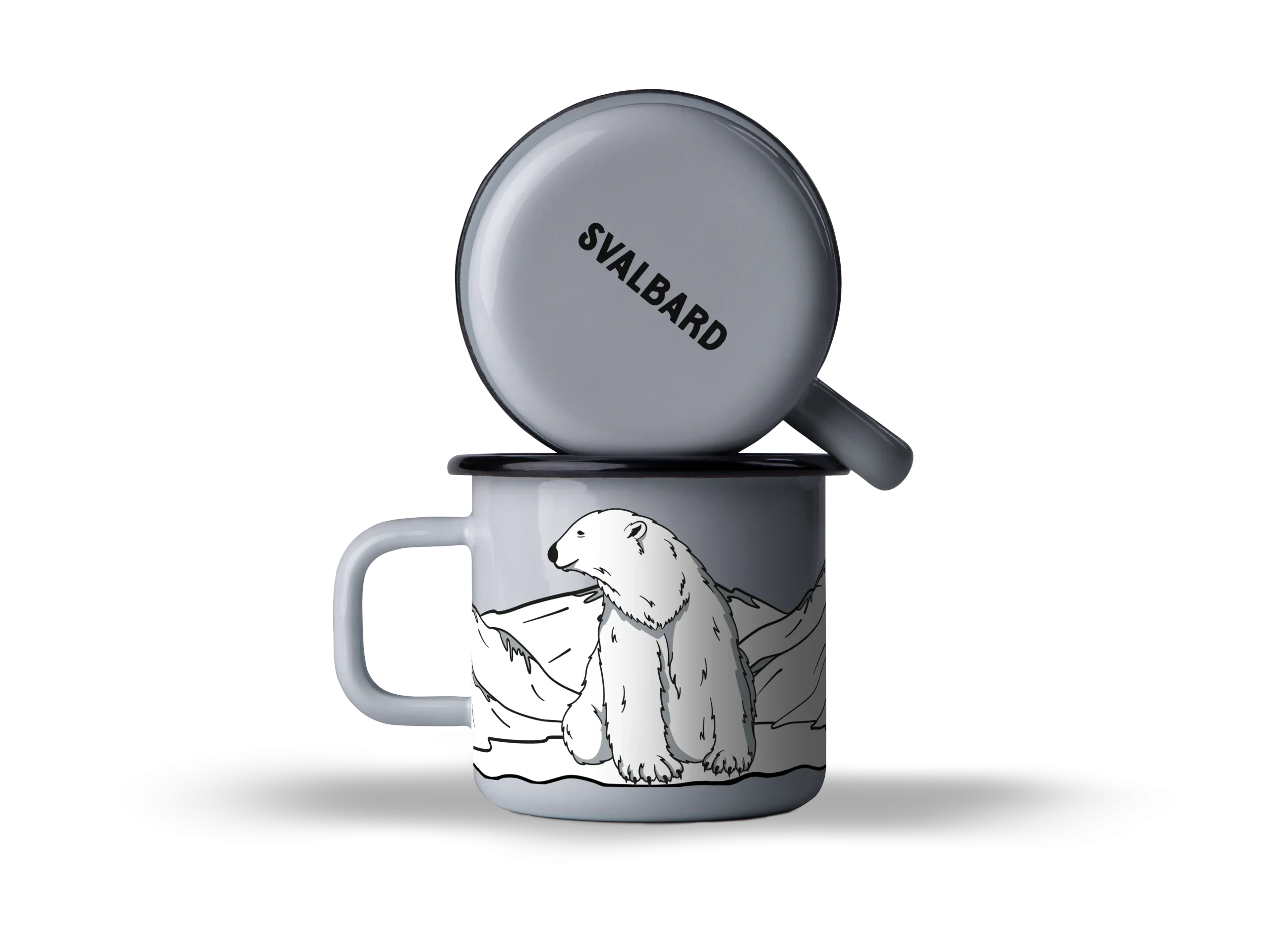 An image of a white enamel mug with a dark rim and handle, featuring an illustration of a polar bear in a sitting pose against a backdrop of ice or mountains. The lid of the mug, also white with a dark rim, is leaning against the mug and has "SVALBARD" written across it in a simple font. The mug and lid are set against a dark background with horizontal stripes, providing a stark contrast that highlights the items. The design elements of the mug evoke a sense of the Arctic environment associated with Svalbard.